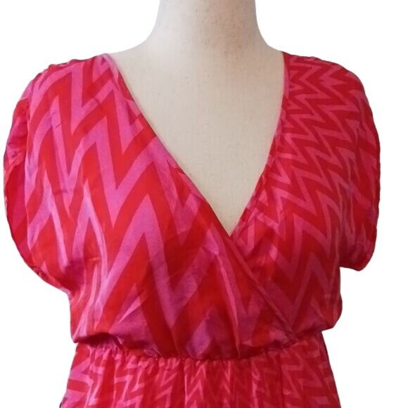 Amanda Uprichard Silk Pink‎ Red Zig Zag Pattern Mini Empire Waist Dress Size L - Picture 4 of 11